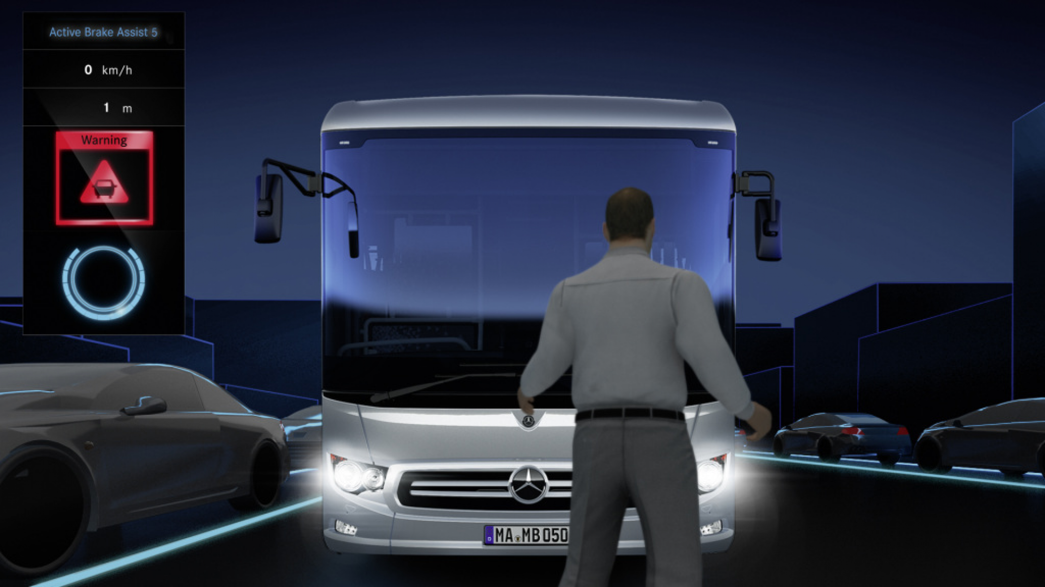 Weltpremiere für den Notbremsassistenten Active Brake Assist 5 im Omnibus: