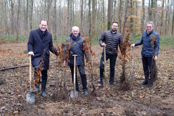 (v.l.) OB Dr. Stephan Keller und Porsche Zentrum-Geschäftsführer Edgar Lühr pflanzten mit Maik Schmidt sowie Oliver Schmidt (beide Porsche Zentrum Düsseldorf) erste Setzlinge im Kalkumer Forst © Landeshauptstadt Düsseldorf/Uwe Schaffmeister