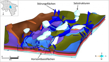 Der Ausschnitt (hier: Kachel Verden) aus dem 3D-Modell TUNB3D-NI zeigt Horizontbasisflächen, Störungsflächen und Salzstrukturen.                                                Bildrechte: LBEG