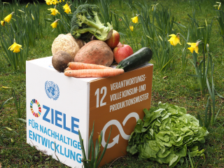 Foto: Stadt Oldenburg  Wie der eigene Konsum etwas nachhaltiger gestaltet werden kann, zeigen städtische Mitarbeiterinnen und Mitarbeiter am 17. Juni an einem Infostand auf dem Rathausmarkt auf.