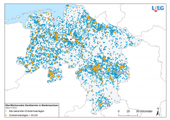 Gerade in den Ballungszentren finden sich viele leistungsstarke Erdwärmeanlagen.  Datenquelle: Erdwärmedatenbank Niedersachsen/Bildrechte: LBEG   