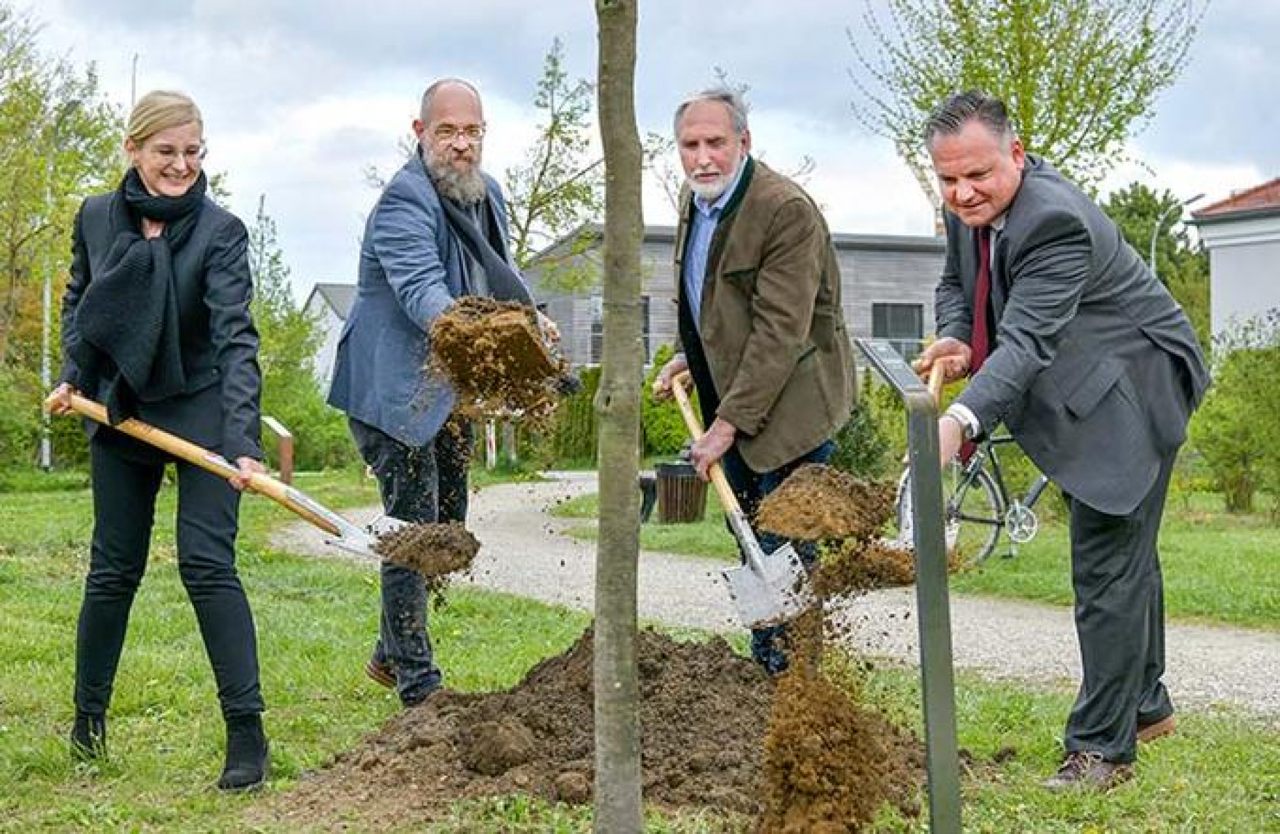 Stadtbaurätin Ulrike Wittmann-Brand, Gartenamtsleiter Bernward Wilhelmi und Stadtrat Franz Wöhrl pflanzten gemeinsam mit OB Christian Scharpf eine Rot-Buche in der Allee der Bäume (Foto: Stadt Ingolstadt / Rössle)